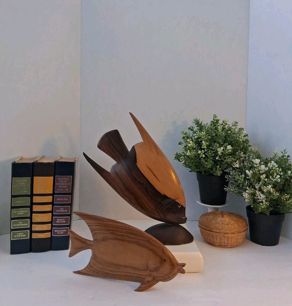 Vtg MCM Carved Wood Angelfish Sculptures Pair - Mid Century Tropical Decor